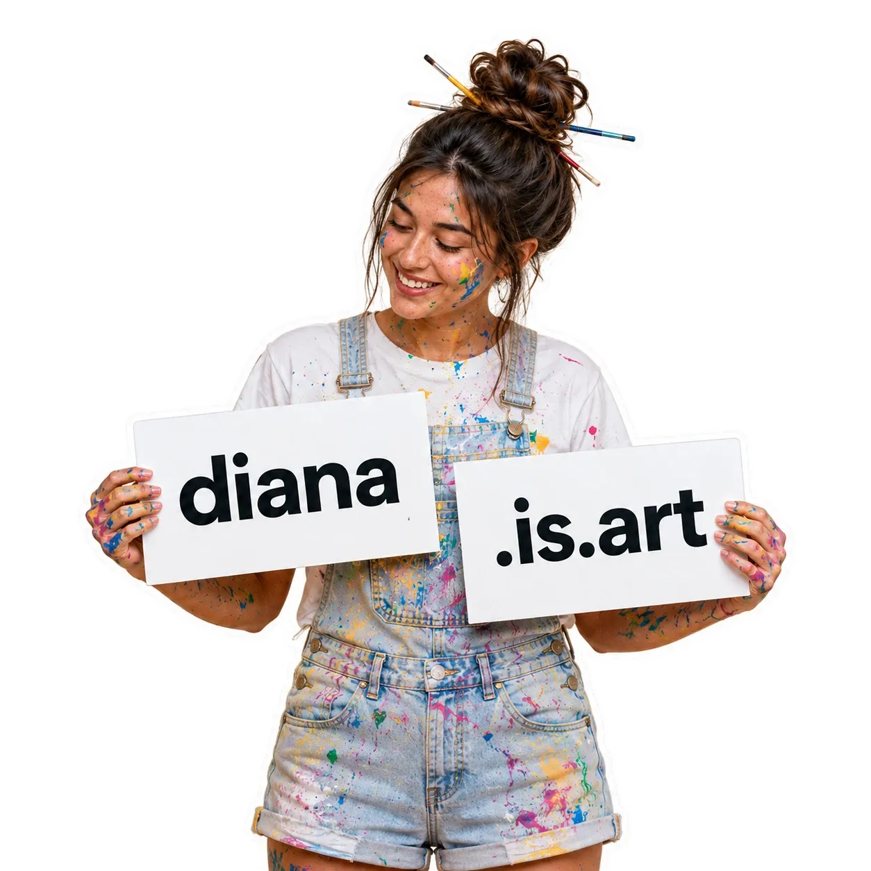 Artist holding signs with her is.art handle